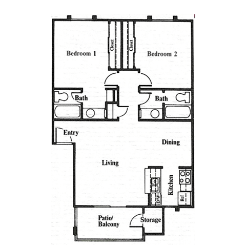 A floor plan of a home with two bedrooms, a living room, a dining area, a kitchen, a bathroom, a storage area, and a patio/balcony.